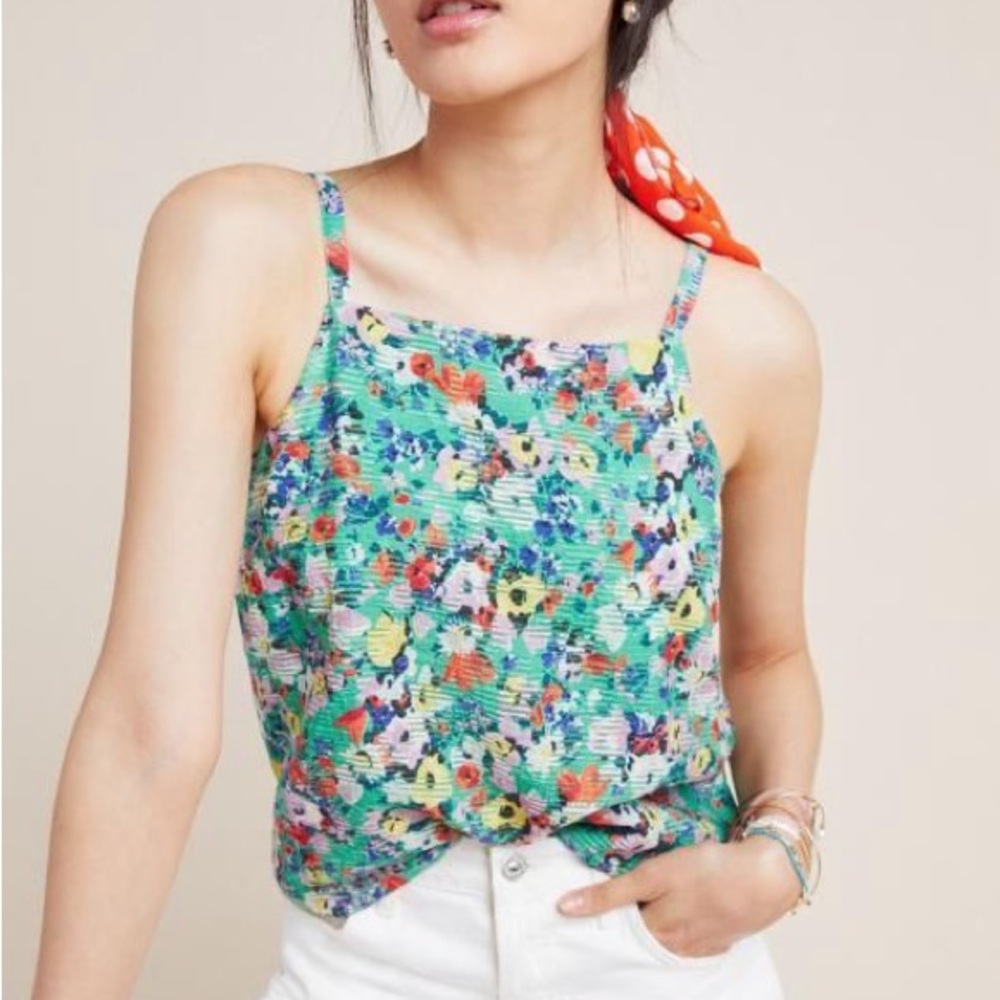 Anthropologie Green Floral Tank Top